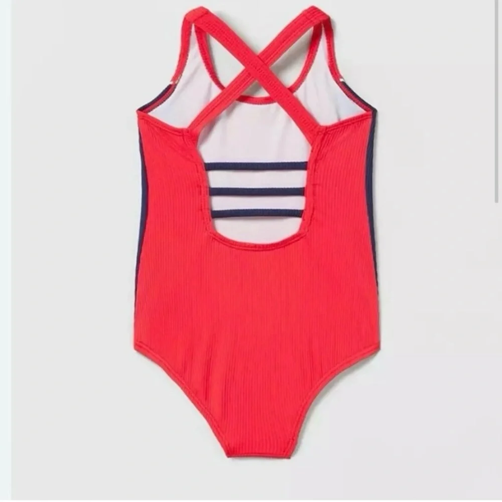 NWT ZARA Girls Ribbed Knit Retro One piece Swimsuit Bright Red Navy sz 6 - 7